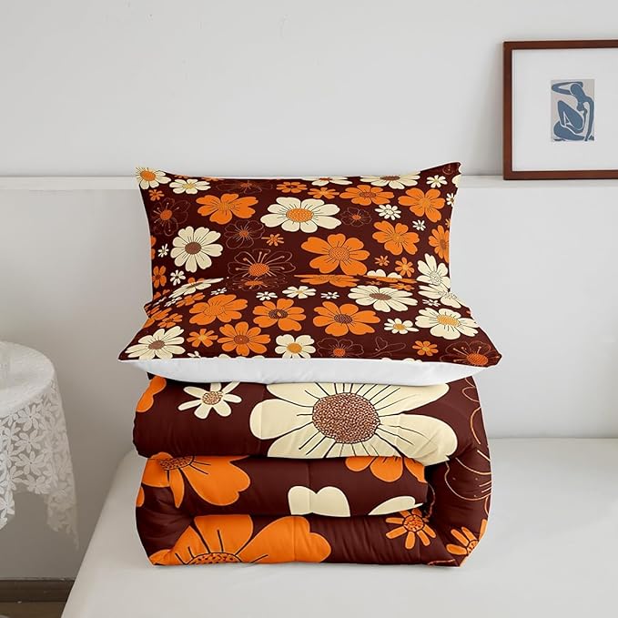 70s Groovy Flowers Comforter Set Full Size,Hippie Retro Farmhouse Plant Bedding Comforters Room Decor,Brown White Yellow Floral Quilt Set with 2 Pillowcases,Teens Present