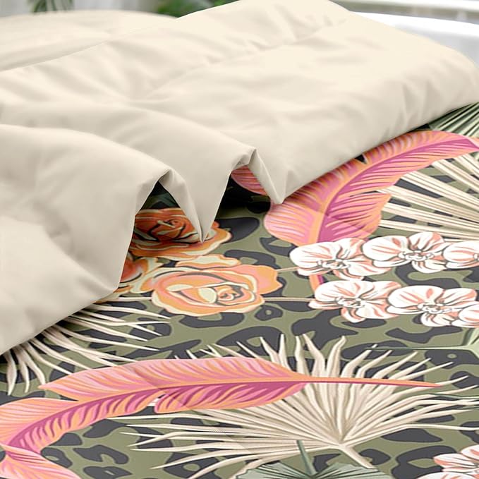 Comforter Set King Size, Summer Tropical Flowers 7 Pcs Bedding for Kids and Adults, Hawaiian Palm Leaf Leaves Bed Sheet Sets with Fitted Sheet 2 Pillowcase & 2 Sham for Bedroom Bed Decor