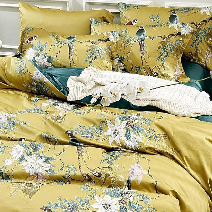Gold Floral Duvet Cover Set King Size Garden Style Bird Flower Pattern Duvet Cover Luxury Soft Cotton Floral Comforter Cover with Zipper Closure Reversible Peacock Blue 3 Pieces Farmhouse Bedding Set