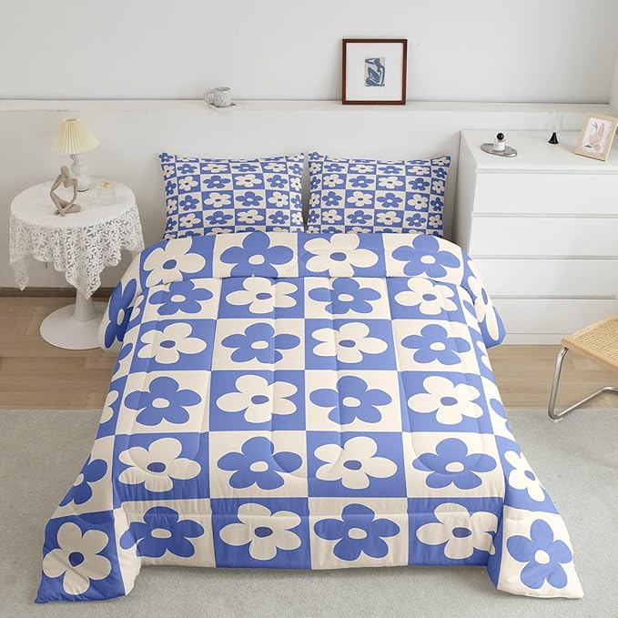 Castle Fairy Kids Cute Flowers Plaid Bedding Comforters King Size,Blue and Cream Floral Checked Comforter Set for Children Xmas Gift,Fashion Geometric Style Quilt Set Bedroom Decor, 2 Pillowcases