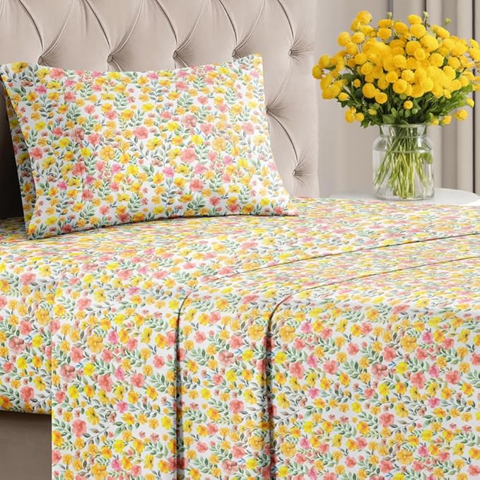 Floral Sheets - Watercolor Floral Bed Sheet Set - 1 Flat, 1 Fitted & 1 Pillowcase w/ Deep Pockets - Comfy, Wrinkle & Fade Free Boho Botanical Bedding - Ultra-Soft, Breathable & Cooling - Twin Size New