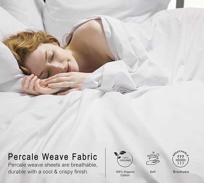 RUVANTI 100% Organic Cotton Sheets Split King, Percale Weave, GOTS Certified, 5-Piece Set, Deep Pocket 15", Crisp & Breathable, Soft Durable Bedding, Sábanas Algodón Orgánico – Bright White
