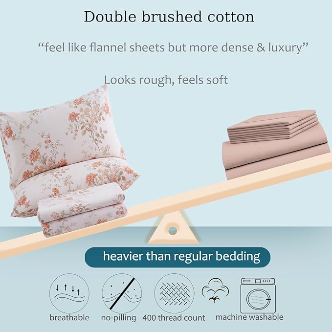 Zusbest King Size Sheets 100% Percale Cotton Orange Floral Bed Sheet Set, Brushed for Extra Softness, Breathable Luxury Flannel Sheets Like Shabby Vintage Flower Print Deep Pocket Bed Set 17.5'' 4 Pcs