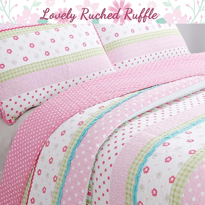 Cozy Line Home Fashions Soft Bright Greta Pastel Design Girl 100% Cotton Reversible Quilt Bedding Set, Coverlet, Bedspread (Queen - 3 Piece)