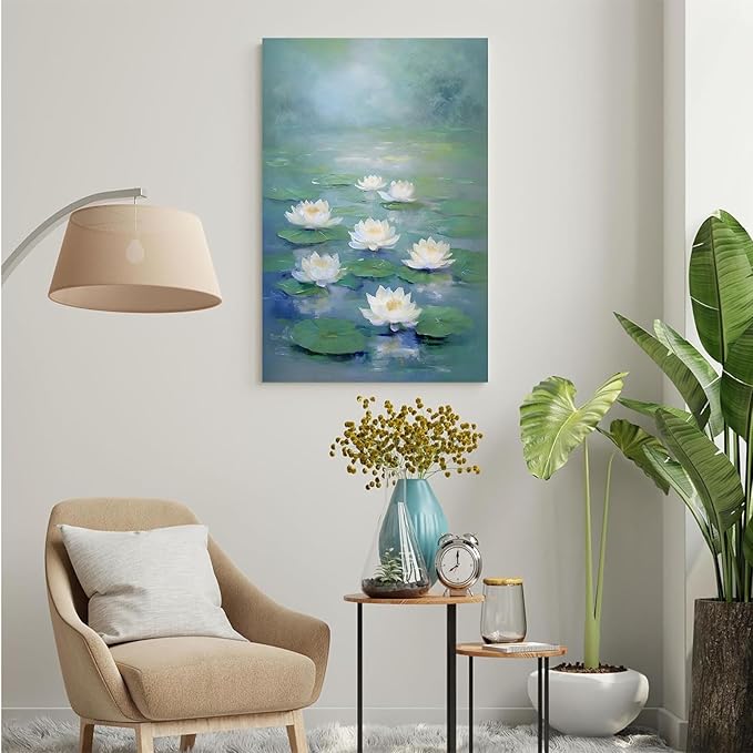 Zen wall art Delicate white lotus flower floating on calm water Vintage oil painting print Serene aquatic wall art creates a tranquil home decor 20x30in Wood Framed