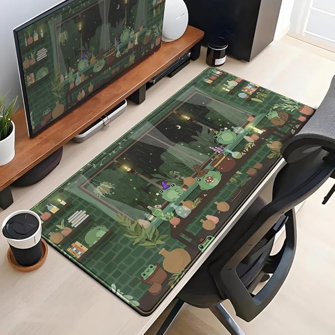 Cute Desk Mat Kawaii Frog Mouse Pad Green Desk Anime Mat Large Gaming Mouse Pad Desk Computer Keyboard Pad Desk Home Office Accessories Girl Stitched Eges (31.5x15.7 in) WER236