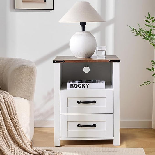 Farmhouse Night Stand, Rustic White Nightstand for Bedroom, End Tables Without Charging Station, Bedside Table with Drawers, Wood Bedside Cabinet Dresser