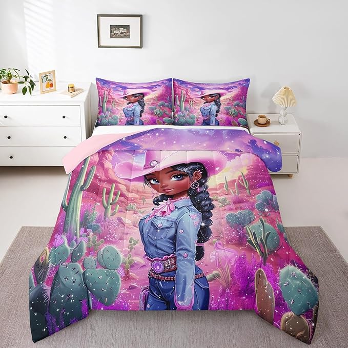 Western Cowgirl Comforter Set Twin Size,Reversible African Style Cute Girl Print Black Bedding Set for Kids Boys Men,Dreamy Stars Purple Galaxy Sparkling Quilted Duvet Set with 1 Pillowcase