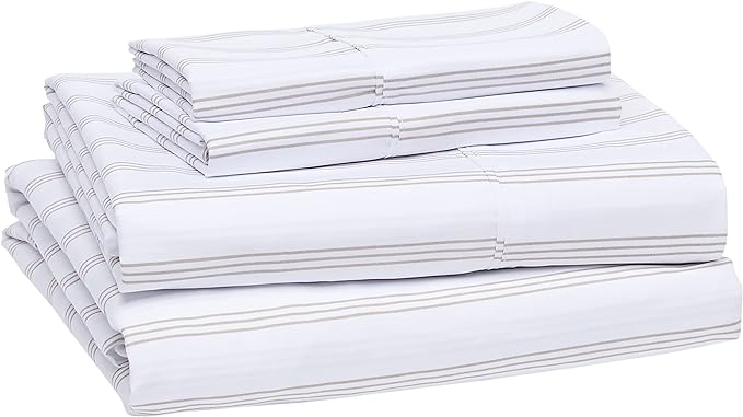 Amazon Basics Lightweight Super Soft Easy Care Microfiber 4 Piece Bed Sheet Set with 14-Inch Deep Pockets, Queen, Taupe Stripe, Striped