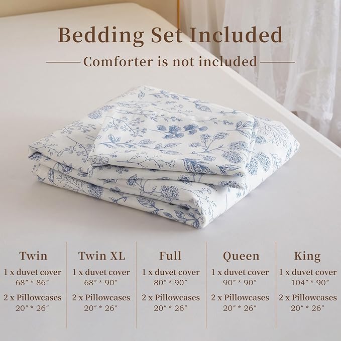 EAVD 3 Pieces Blue Floral Duvet Cover Full Size White Blue Soft Cotton Coquette Bedding Set for Girls Women Chic Shabby Garden Aesthetic Botanical Duvet Cover with Zipper Closure