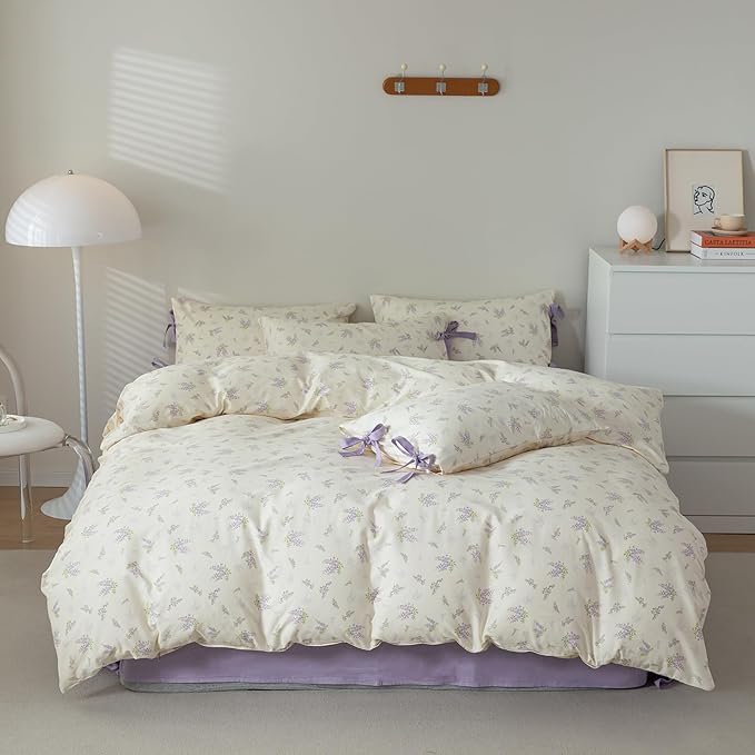 EAVD Garden Purple Floral Duvet Cover Full Girls Soft Cotton Chic Shabby Lavender Floral Print Bedding Set with 2 Pillowcases Vintage Botanical Duvet Cover with Zipper Closure