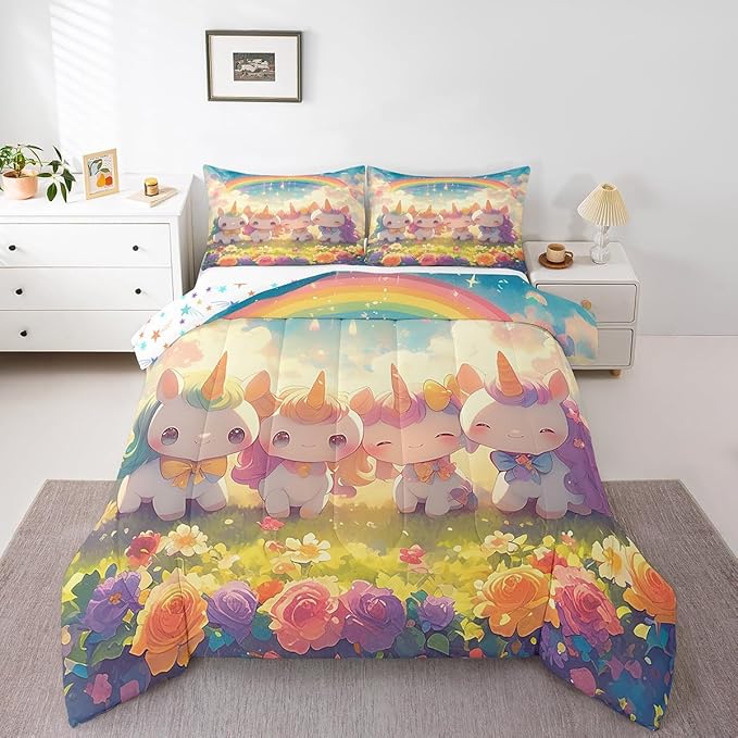 Unicorn Comforter Set Twin Size,Reversible Cute Unicorn Rainbow Cartoon Horse Animal Bedding Set for Kids Boys Men,Kawaii Style Flowers Galaxy Cloud Quilted Duvet Set with 1 Pillowcase