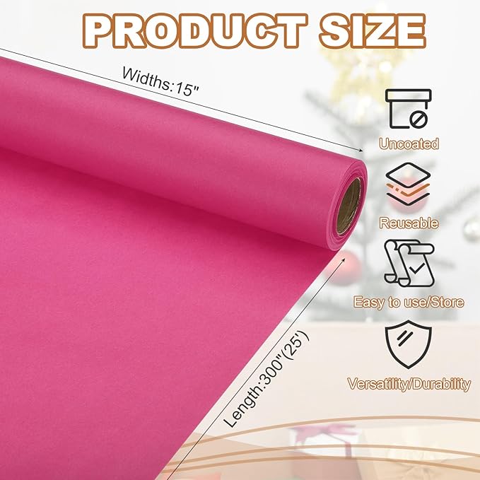 PATIKIL Wrapping Paper, 15" x 300"(25') 70 GSM Craft Paper Roll Kraft Packing Paper for Poster Bulletin Board, Gift Wrapping, Dark Pink