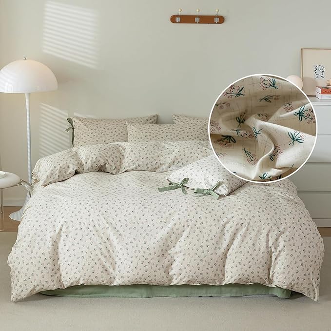 LifeTB Green Flower Comforter Set Twin XL Vintage Floral Comforter with 2 Bow Ties Pillowcases Soft Fluffy Cottagecore Bedding Set for Girls Women Botanical Bedding Comforter Set for All Season