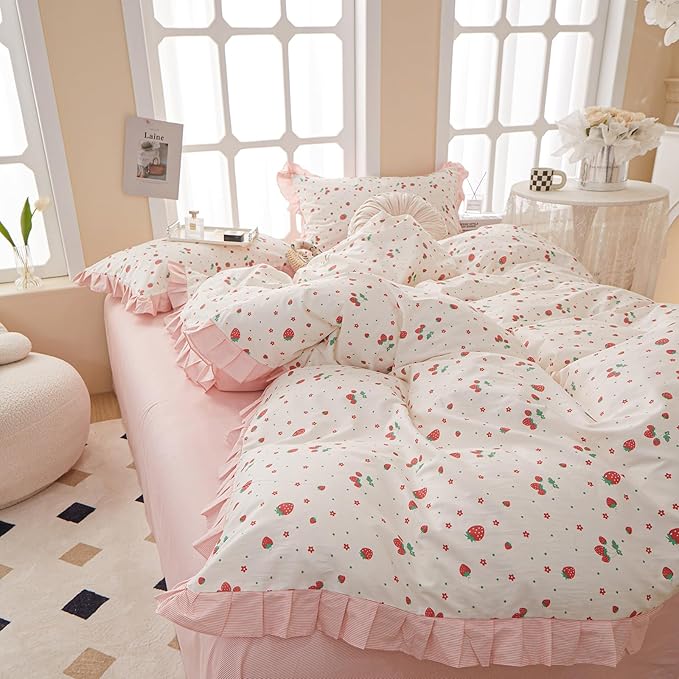 HighBuy Strawberry Comforter Set King Size Pink and White Ruffled Bedding Comforter with 2 Pillowcases Kawaii Reversible Striped Comforter Set Lightweight and Cozy for College Girl