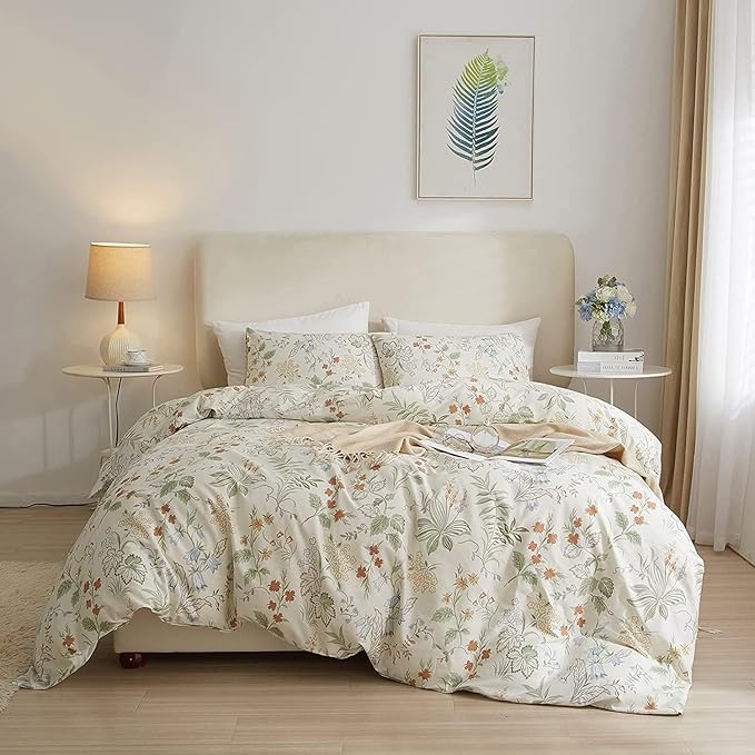 LifeTB Vintage Garden Floral Comforter Set Queen Fresh Flowers Green Leaves Cute Floral Bedding Comforter Farmhouse Bedding Set 3 Pieces Aesthetic Botanical Comforter Set for All Seasons Queen Size