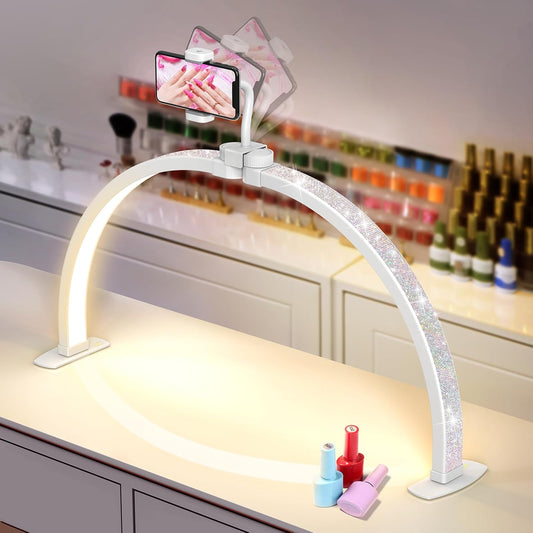 Yokilly Half Moon Desk Lamp - 23" Foldable Nail Tech Light with Phone Holder & 3 Color Modes (Diamond, Small)