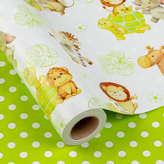 Homeral Baby Shower Wrapping Paper Roll - Cute Animal Design - 17 Inch x 16.4 Feet, Reversible Green Gift Wrap with Lion, Elephant, Turtle, Giraffe, Zebra, Perfect for Baby Boy & Girl Birthday