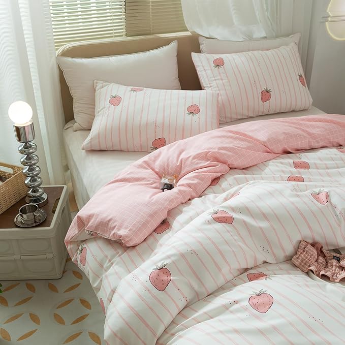 Pink Strawberry Duvet Cover Set Twin Kids Girls Kawaii Bedding Set 100% Cotton Fruit Strawberry Comforter Cover for Teens Children Boys Lovely Cartoon Kids Kawaii Bedroom Collection with 2 Pillowcases