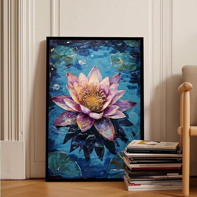 Gorgeous pink and purple water lilies on deep blue water Eye-catching oil painting Serene aquatic wall art for modern home decor 12x18in Metal blackFramed
