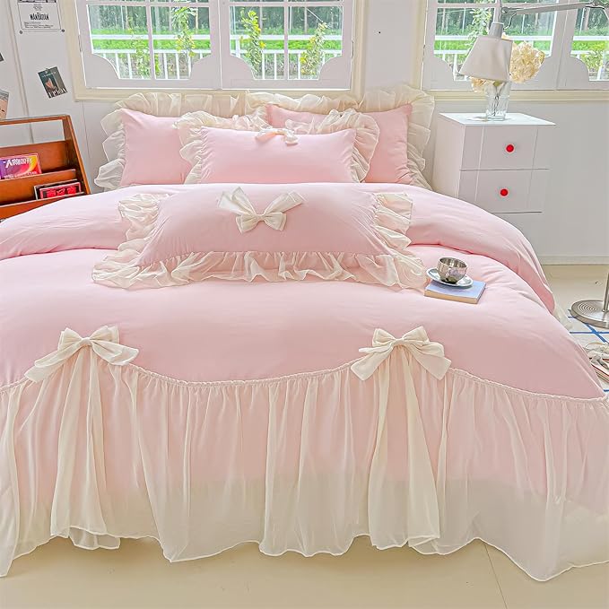 Girls Lace Bedding,Pink Full Comforter Cover Set, Chic Ruffled Duvet Cover with Lovely Bow,Princess Style 1 Duvet Cover with 2 Pillowcases, No Comforter-Pink,Full Size