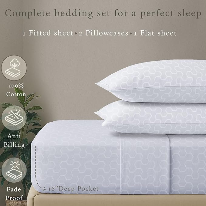 Threadmill 500 Thread Count Twin Size 3 Pc Luxury Cotton Bedding Set, Jacquard Floria Hotel White, Breathable Sheets with 15" Elasticized Deep Pocket, 1 Pillowcase & Free Tote Bag