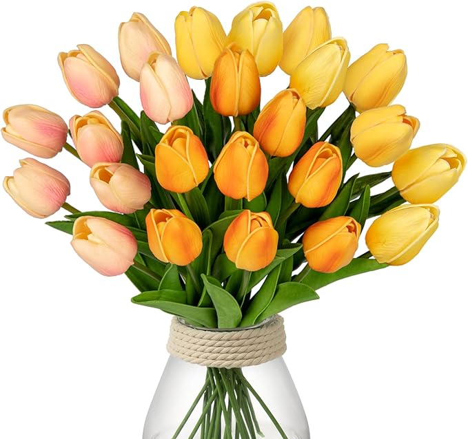 24 Pcs Artificial Tulips Flowers Mixcolor Real Touch Fake Tulips Fake Flowers for Mother's Day 13.5" Faux Tulips Faux Flowers Bulk Artificial Tulips Flowers for Vase Centerpieces Home Wedding Bouquet