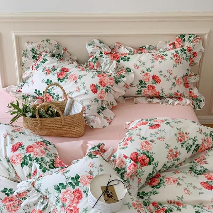 LifeTB Vintage Pink Floral Comforter Set Queen Girls Rose Flower Comforter Coquette Bedding Aesthetic Ruffle Comforter Set Soft Fluffy Cottagecore Bedding Set Farmhouse Boho Bed Comforter Queen Size