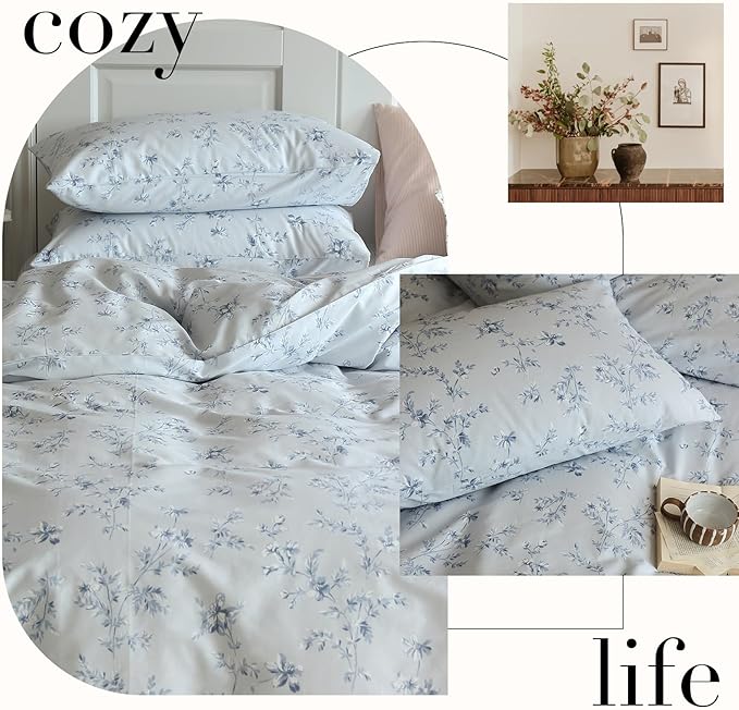 LifeTB Vintage Blue Floral Duvet Cover Queen 100% Cotton Retro Flower Bedding Comforter Cover Boho Garden Floral Bedding Set Farmhouse Cottagecore Duvet Cover with Zipper Closure 4 Ties