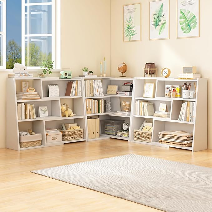 IOTXY Wooden Extendable Shelf Bookcase - 3-Tier Ladder Low Short Bookshelf for Small Space or Corner, White, S