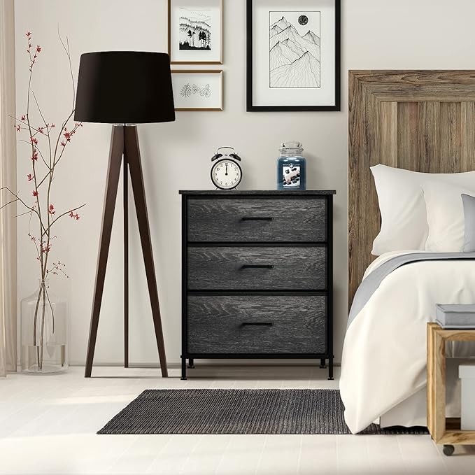 Sorbus Nightstand Dresser with 3 Faux Wood Drawers - Bedside Table Chest with Storage, Steel Frame, Wood Top, Easy Pull Fabric Bins for Bedroom, Living Room, Closet & Dorm Furniture Lamp Stand