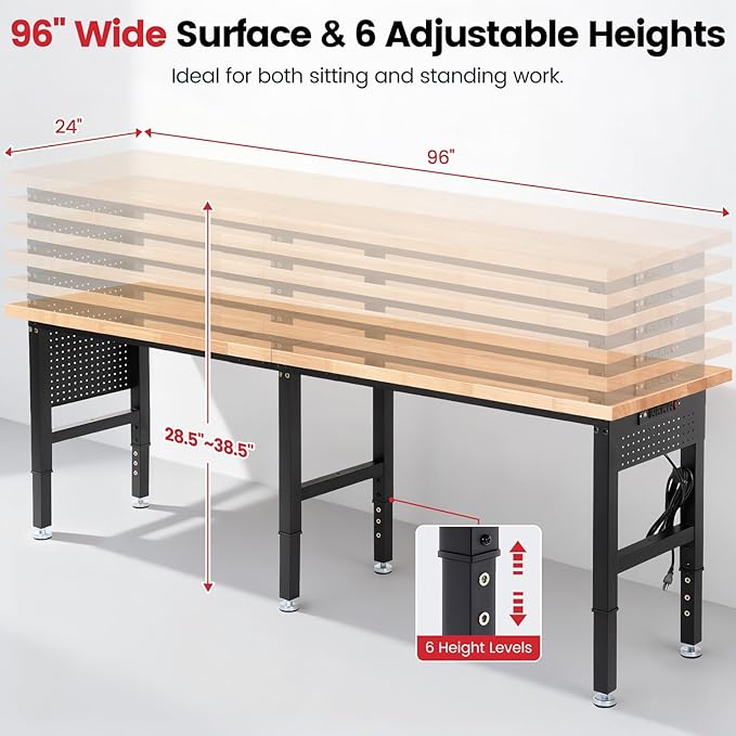 Workbench 96 x 24 Inch Adjustable Height Heavy Duty Work Table with Power Outlets & Extended Pegboard 5000 Lbs Load Capacity Rubber Wood Top Workstation for Garage, Workshop, Home, Office