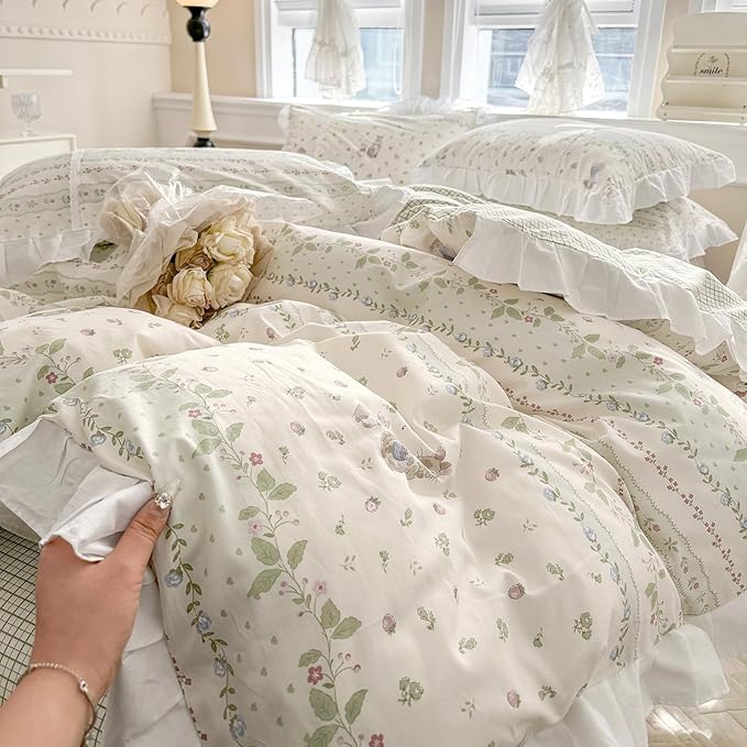 VM VOUGEMARKET Girls Flower Comforter Set Green Leaves with Cute Rabbit Comforter with 2 Pillow Shams Romantic Ruffle Down Comforter Set(3pcs,Queen)