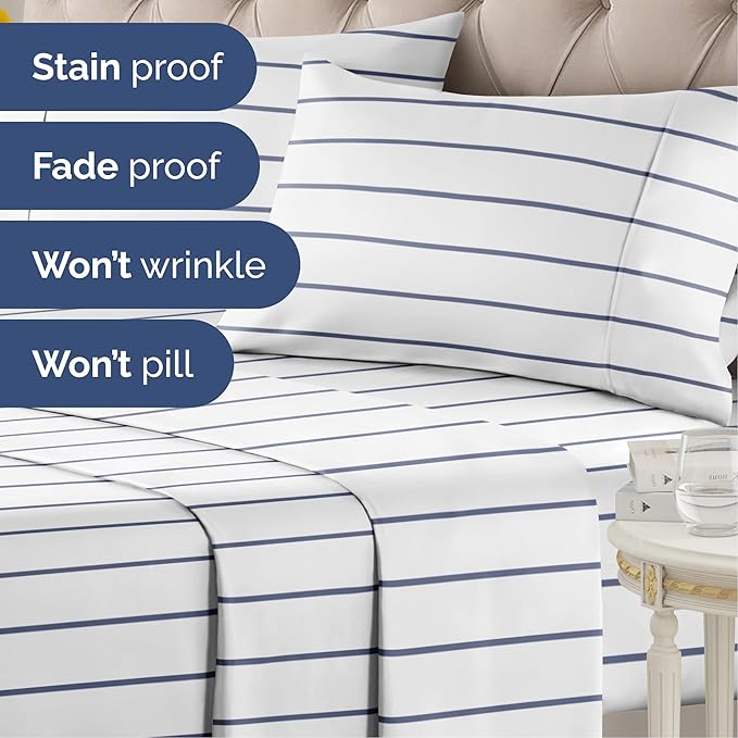 Striped Sheets - Navy Blue & White Striped Sheets - 1 Flat & 1 Fitted & 1 Pillowcase w/ Deep Pockets – Wrinkle & Fade Free - Soft, Breathable & Cooling – Luxury Pinstripe Bedding - Twin Size Bed Set