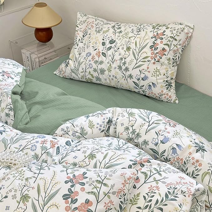 EAVD Vintage Style Garden Floral Duvet Cover Queen Soft Cotton Chic Shabby Colorful Leaves Floral Bedding Set with 2 Pillowcases Fresh Botanical Duvet Cover with Zipper Closure