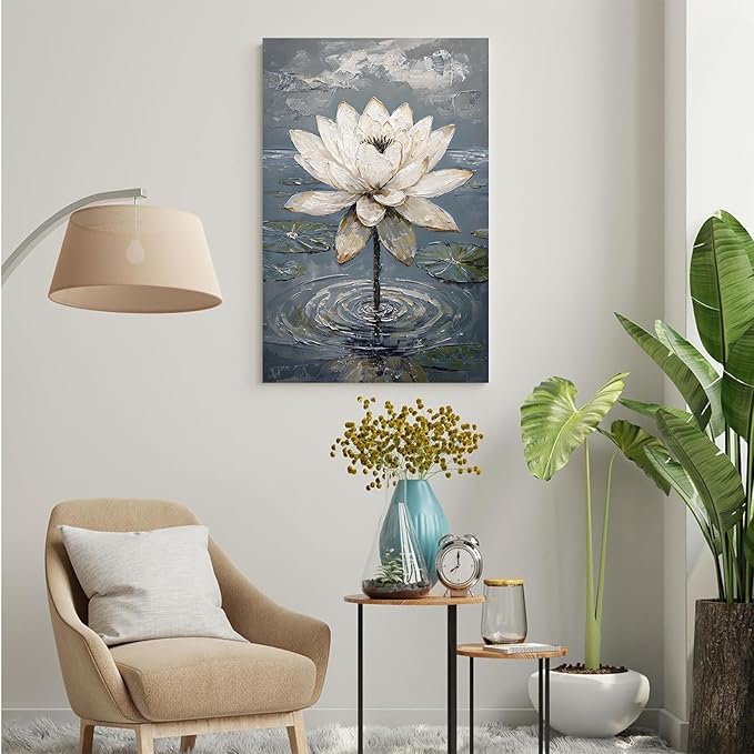 Stunning white lotus emerges from prismatic water with delicate petals background Serene aquatic wall art suitable for modern minimalist decor 8x12in Wood Framed