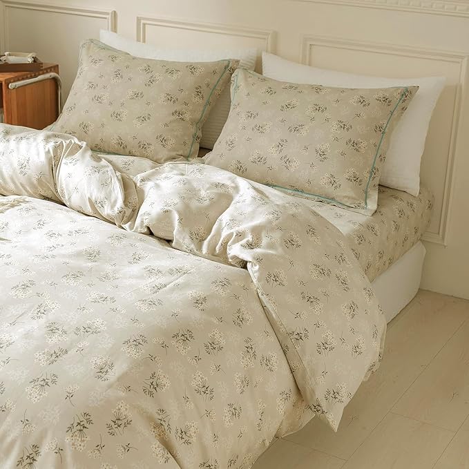 Beige Comforter Set Queen Garden Flower Comforter with 2 Pillow Shams Aesthetic Botanical Bedding Set Boho Floral Comforter Set 90x90 Inch