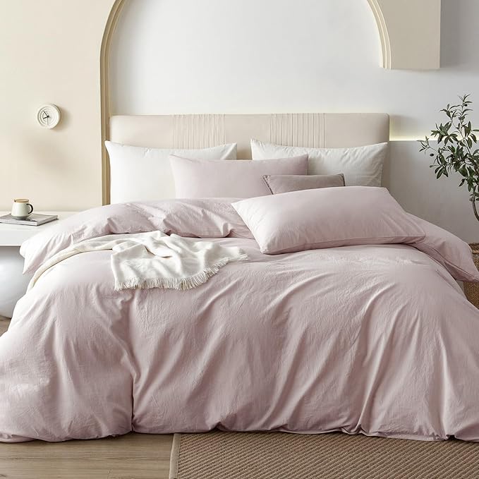 JIYUAN 100% Washed Cotton Duvet Cover Set 3 PCS Oversized King, 1 Duvet Cover 120"x98" (Comforter Not Included) and 2 Pillowcases,Linen Feel Bedding Set Comfy and Breathable, Heathered Greyish Pink