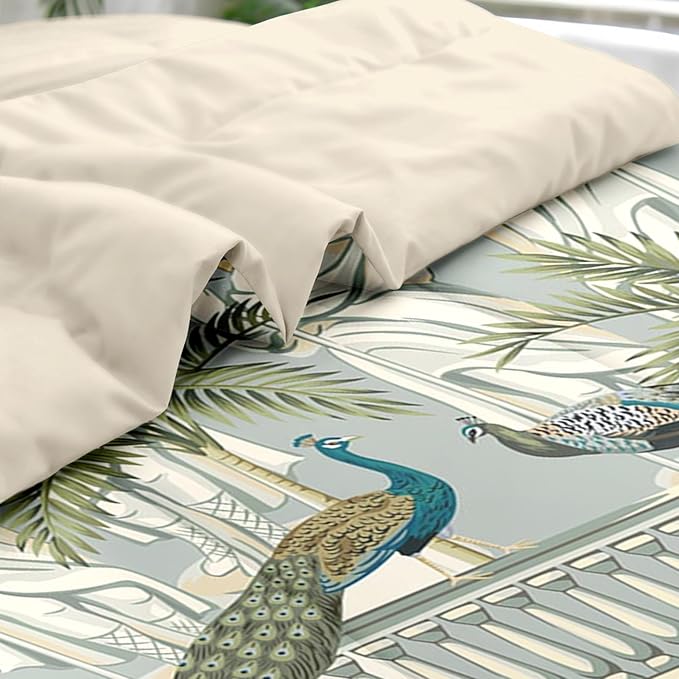 Comforter Set Queen Size, Peacock Bird Animal 7 Pcs Bedding for Kids and Adults, Floral Botanical Grey Green Bed Sheet Sets with Fitted Sheet 2 Pillowcase & 2 Sham for Bedroom Bed Decor