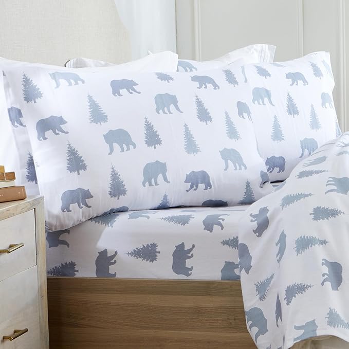 Market & Place 100% Turkish Cotton Flannel Sheet Set | 4 Piece Deep Pocket Novelty Cozy Winter Bed Sheets | Double Brushed for Extra Softness & Comfort | Alpine Collection (King, Grey Bears)