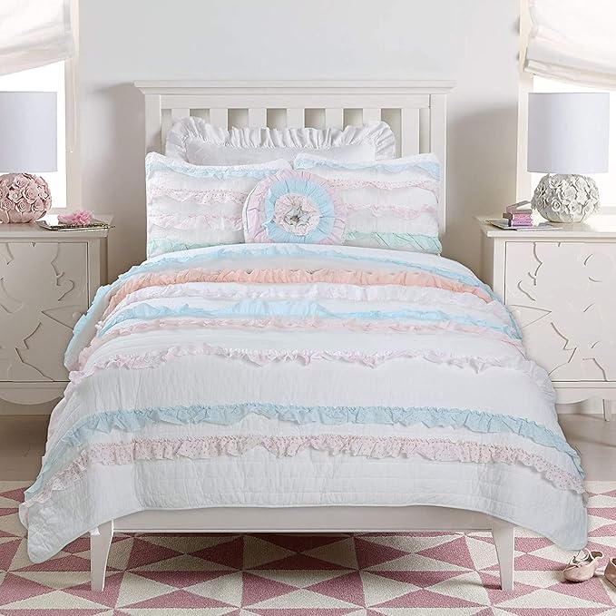 Cozy Line Home Fashions 100% Cotton Chic Ruffle Light Lavender Orchid Blue Flower Print Stripe Bedding Quilt Set, Reversible Coverlet, Bedspread (Chic Ruffle, Queen + Décor Pillows)