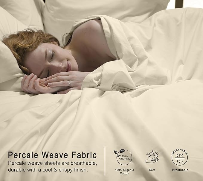RUVANTI 100% Organic Cotton Sheets Queen Size, Percale Weave, GOTS Certified, 4-Piece Set, Deep Pocket 15", Crisp & Breathable, Soft Durable Bedding, Sábanas Algodón Orgánico – Cloud Cream