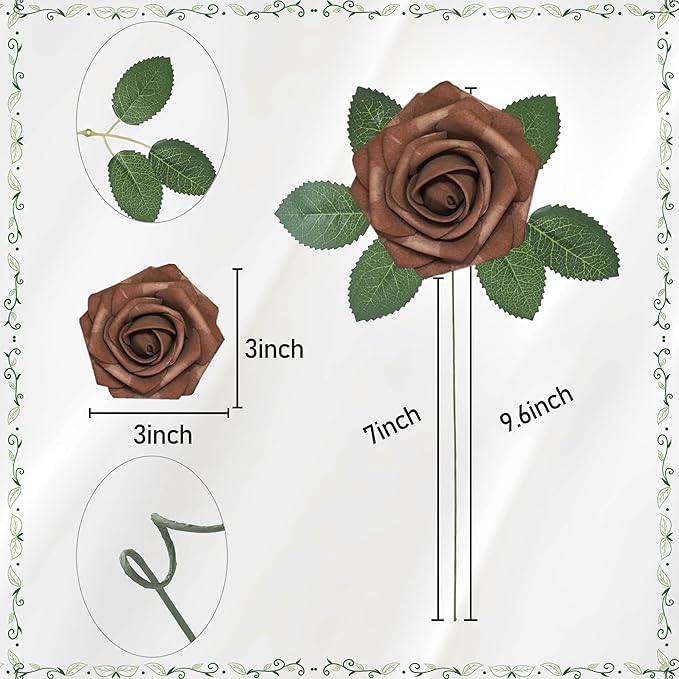 Artificial Flowers, 25pcs Artificial Rose for DIY Wedding Bouquets Centerpieces Arrangements, Brown Foam Roses with Stem for Bridal Shower Party Home Decorations