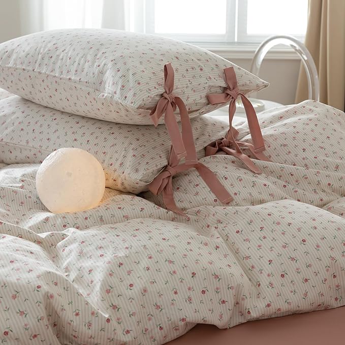 HighBuy Botanical Floral Comforter Set Full Size Cozy Comforter Set for Full Bed with 2 Bowknot Bow Tie Pillowcases Pink Flower Garden Coquette Bedding Comforter Sets for Women Girl Bed Set