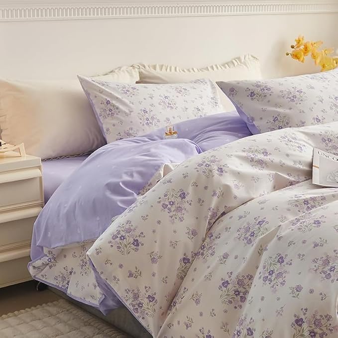 Purple Floral Comforter Set King Soft Fluffy Microfiber Garden Floral Bedding Comforter Set Chic Shabby Flowers Printed Comforter with 2 Pillowcases Vintage Botanical Comforter Set All Season King