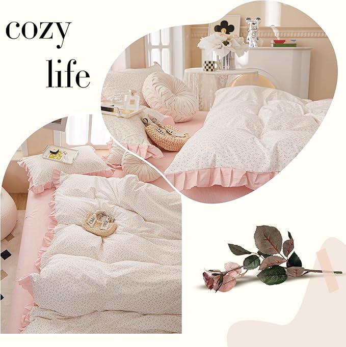 Pink Floral Duvet Cover King Chic Flower Print Ruffle Duvet Cover Cotton Lace Comforter Cover Country Style Floral Bedding Set Girls Ruffle Comforter Cover Flower king Duvet Cover with 2 Pillowcases