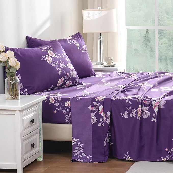 Bedlifes Twin Sheet Set Ultra Soft, Breathable, Silky Flower Deep Pocket 100% Microfiber Bedding, 3 Piece Twin Size Dark Purple Floral