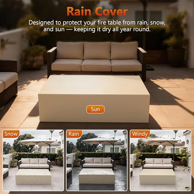 2-Piece 42" Rectangular Propane Fire Pit for Outside Patio with Hidden Tank Table, 50,000 BTU Fireplaces with Glass Wind Guard, Lid, Glass Rocks, Cover(Walnut Wood Grain)