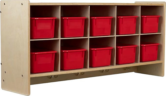 10 Section Wall Mounted Storage Cabinet with Red Trays, Montessori Playschool Furniture, Hardwood Cubby Wall Shelf for Homeschool Supplies [Birch Plywood]