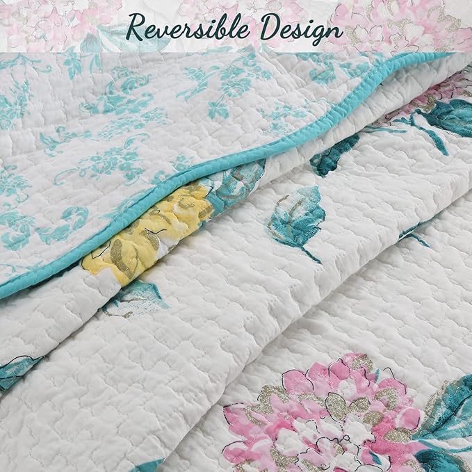 Cozy Line Home Fashions 100% Cotton Turquoise Blue Floral Hydrangea Garden Leaf Reversible Quilt Bedding Set, Coverlet, Bedspread (Valencia Bloom, King-3 Piece)